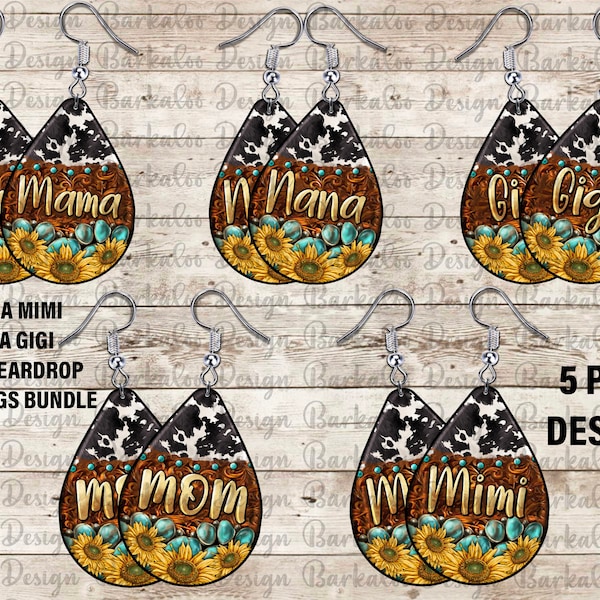 Western Mom Mama Mini Mimi Gigi Earrings Png Sublimation Design Bundle, Western Mama Png, Cowhide Earrings Png, Mom Teardrop Earrings Png