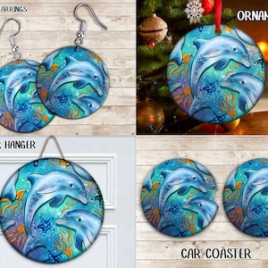 May include: A set of round, blue and turquoise ceramic ornaments featuring a dolphin design. The ornaments are available in various sizes and can be used as earrings, a door hanger, a car coaster, or an ornament. The text "ROUND EARRINGS", "DOOR HANGER", "ORNAMENT", and "CAR COASTER" is visible in the image.