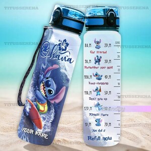 Stitch Surfing Water Bottle, Stitch Ohana Bottle, Custom Stitch Bottle, Disney Stitch Bottle, Water Tracker Bottle, Motivational Bottle