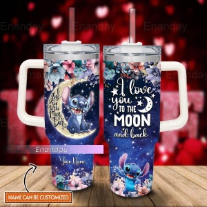 Stitch Tumbler 40oz, spersonalizowany kubek Stanleya Lilo i Stitch, Kocham Cię do księżyca i z powrotem, kubek Disneya, prezent walentynkowy dla miłośnika Stitcha