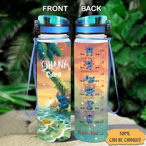 Ohana Stitch Water Bottle 32Oz, Personalized Disney Stitch Water Bottle, Stitch Gifts for Women, Stitch Motivational Water Bottle Tracker