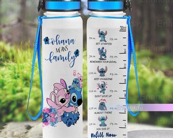 Stitch Water Tracker Bottle, Stitch And Angle Water Bottle, Ohana Means Family Water Bottle, Drink Bottle, Fitness Bottle, Gifts For Women