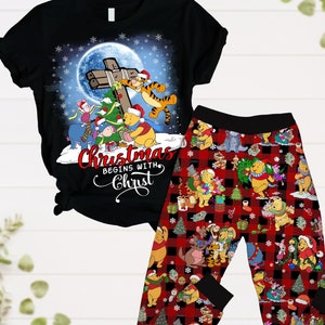 Winnie The Pooh Christmas Pajamas Set, Pooh Bear Holiday Pajamas, Eeyore Tigger Piglet Xmas Tee, Pajamas For Party,Disney Christmas Pjs