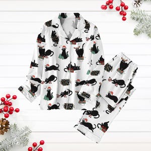 黒猫のクリスマスパジャマセット、サンタ帽子猫シャツ、クリスマスツリーライトパジャマ、面白いメリーキャットマスパジャマ、ペット愛好家ホリデーパジャマ