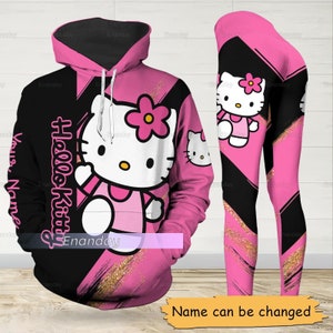 Sudadera con capucha de Hello Kitty, sudadera con capucha personalizada, leggings de Hello Kitty, leggings de entrenamiento de Hello Kitty, pantalones de yoga para mujer, regalo para ella, regalos de San Valentín