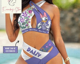 Daisy Duck Crisscross Swimsuit, Personalized Daisy Duck Swimsuit, Disney Daisy Beach Wear, Disney Duck Bikini Top, Bathing Costume