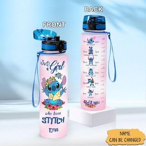 Disney Stitch Water Bottle, Just A Girl Who Loves Stitch Water Tracker Bottle, Custom Stitch Gifts for Women, Daily Water Tracker