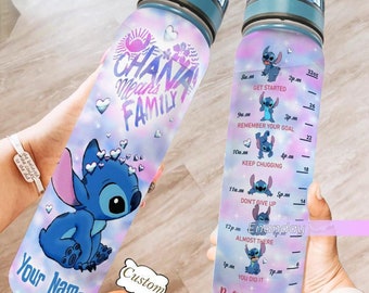 Botella de agua de puntada personalizada, botella de agua de puntada de 32 oz, Ohana significa botella de agua familiar, botella de bebida de puntada, rastreador diario de agua