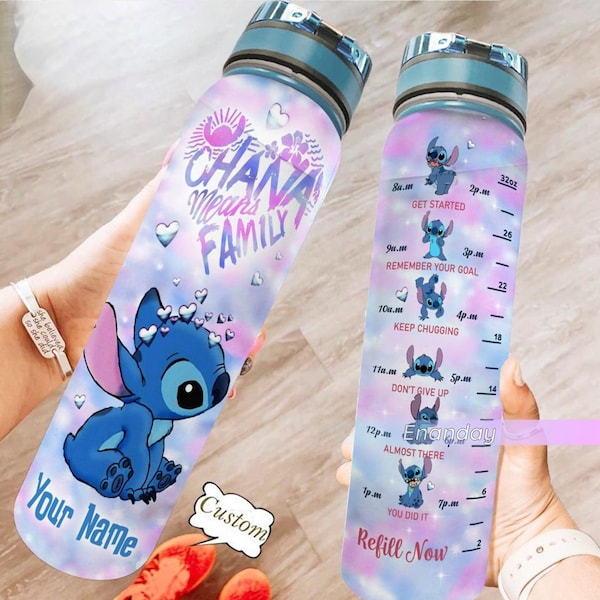 Personalisierte Stitch Wasserflasche, Stitch 32Oz Wasserflasche, Ohana Means Familie Wasserflasche, Stitch Trinkflasche, täglicher Wasser Tracker