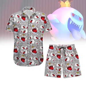 Mario Boo Button Shirt, Super Mario Boo Shorts, Super Mario Bros Shirt, Super Mario Hawaii-Shirt, Mario Sommerhose, Geschenk für ihn