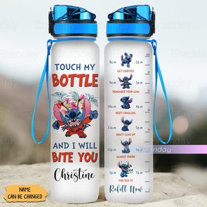 Stitch Water Bottle, Customized Stitch Water Tracker Bottle, Touch My Bottle And I Will Bite You, 32oz Water Bottle, Motivational Bottle
