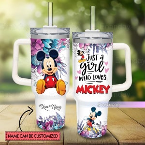 Mickey Mouse Tumbler 40oz, Custom Just A Girl Who Loves Mickey Tumbler, Mickey Mouse Flower Pattern Tumbler, Stainless Steel Tumbler