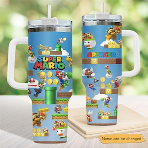 スーパーマリオタンブラー 40オンス ハンドル付き、パーソナライズタンブラー、マリオウォータータンブラー、任天堂タンブラー、ストロー付きゲーマータンブラー、男性へのギフト