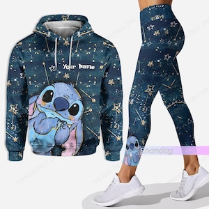 Sudadera con capucha de Halloween Stitch, sudadera con capucha personalizada de dibujos animados de Disney, leggings de yoga con personajes de películas, pantalones de yoga para mujer, regalo para ella, camiseta con estampado completo