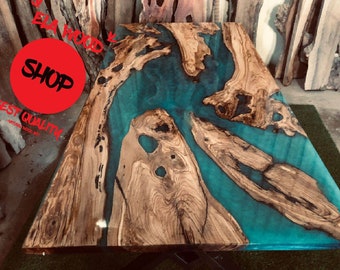 Teal color river epoxy table, custom resin table, resin live edge, epoxy table, resin table, kitchen dining table top,  Elawoodshop