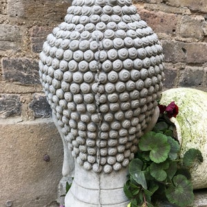 May include: A gray concrete Buddha head sculpture with a detailed, textured design. The head is placed on a stone surface with green plants and pink flowers growing around it.