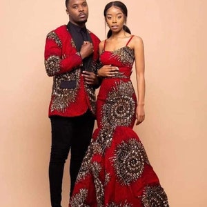 Couples African Clothing, African mermaid dress, African wedding dress, African couple engagement outfit, Ankara gown, Men African fashion