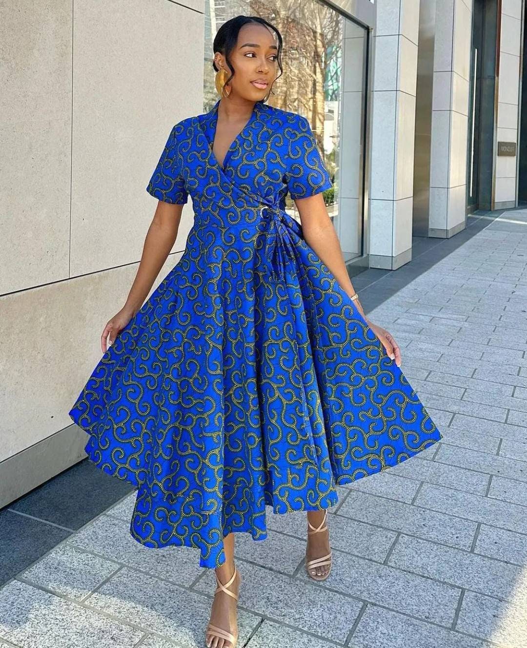 navy blue maxi dress Afi African Print Maxi V Neck Loose Dress Medium