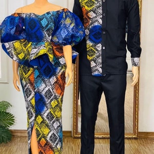 Afrikaanse outfit voor stel, verlovingsoutfit voor Afrikaans koppel, Afrikaanse jurk, Ankara-jurk Afrikaanse trouwkleding, bijpassende Afrikaanse kleding voor koppel