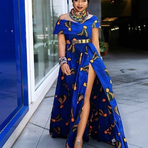 Estilo de tendencia azul, ropa de mujer de Ankara, traje de mujer de Ankara, vestido maxi de Ankara, ropa africana, moda africana, vestido azul africano.