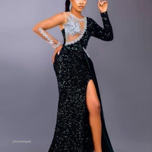 Bridal dress ,wedding dress,Mermaid Dress, African clothing,African Fashion, Black lace dress,Traditional Reception,Sequins dress with slit.