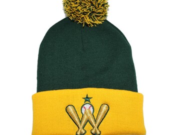 Green and Yellow Baseball Beanie, Pom Pom Knit Cap