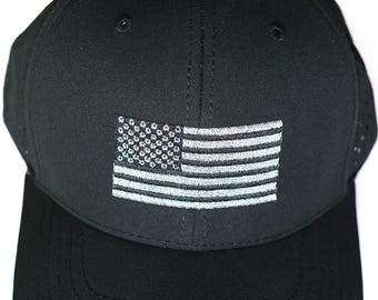 embroidered american flag black and gray on a black trucker hat snapback