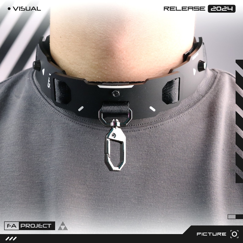 May include: A black, futuristic-style collar with silver hardware and the text "RELEASE 2024". The collar has a geometric design with visible screws and a D-ring clasp. The text "F-A PROJECT" is also visible.