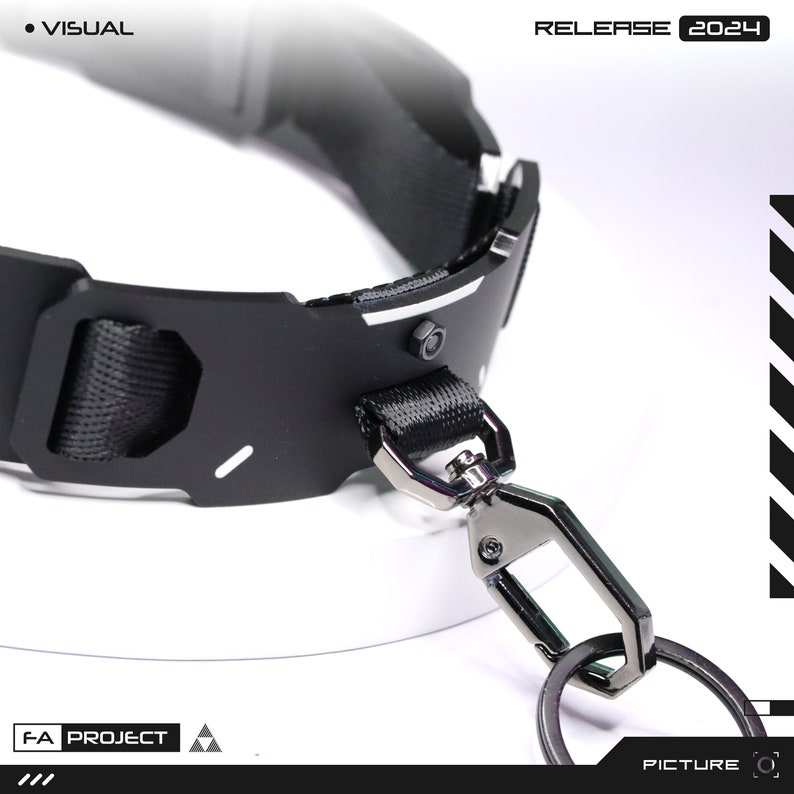 May include: Black collar with a metal clasp and key ring. The collar has a black nylon strap and a metal plate with a geometric design. The text "VISUAL" and "RELEASE 2024" are visible.