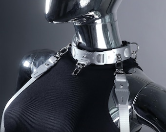Collier ras du cou ajustable avec armature, anneau et fermoir en métal argenté | Style futuriste science-fiction et mecha