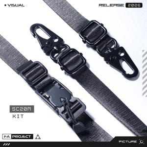 May include: Close-up of a black strap kit with metal hardware. The kit includes adjustable straps, carabiner clips, and a quick-release buckle. The text "SC20M KIT" and "F-A PROJECT" are visible.