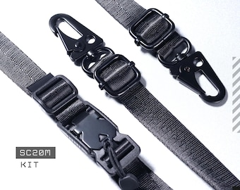 20MM Modular Adjustable Strap with Dual Carabiner Slider & Magnetic Buckle for Tactical Futuristic Techwear.