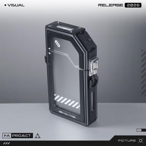 May include: A rectangular black protective case with a semi-transparent front panel, featuring a metallic silver latch on the side, a small digital display on the top edge, and white printed text reading 20/11/4CM at the bottom of the frame.