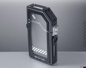 Boîte de rangement fine pour téléphone avec panneaux blancs dépolis | Étui de transport utilitaire rétro-futuriste de style science-fiction.