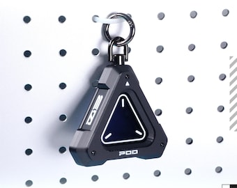 Futuristic Armored Mini Storage EDC Keychain - SD Card & Key Compartment Triangular Translucent Dual panel Dark Display Sliding Enclosure
