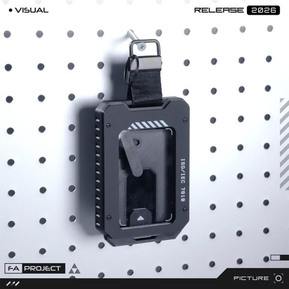 Futuristic Pop up Badge ID Card Holder with Transparent Acrylic Panel Black Case EDC
