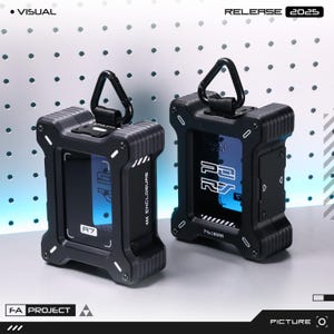 May include: Two black, rectangular enclosures with a futuristic design. Each has a clear window displaying a blue interior with white text. The enclosures have a metal loop at the top and the text "R7" and "ENCLOSURE". The dimensions are 7.4cm x 18.5cm.