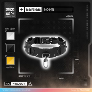 May include: A black dog collar with a metal clasp and a D-ring. The collar has a futuristic design with the text "NC-H15" and "HIS". The image also includes the text "2024 RELEASE" and "F-A PROJECT". The collar is approximately 400mm in length and 33mm wide.
