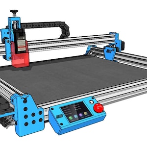 May include: A blue and silver 3D printer with a black and red laser head and a touch screen control panel.