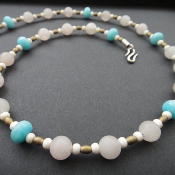 Rose quartz necklace with amazonite and mammoth ivory