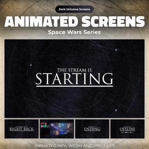 Pantallas animadas de Twitch de Space Wars: Superposición de transmisión estelar del Universo Oscuro para OBS: inicio, listo, intermedio, final, sin conexión