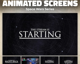 Animated Space Wars Twitch Screens Overlay for Streamers | Dark Universe Star Starting, Be Back, Just Chatting, End Scenes, Offline Banner