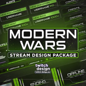 Animated Modern Wars Twitch Overlay Package for Streamers | Dark Black Green Webcam, Screens/Scenes, Panels, Alerts, Stinger, Offline Banner