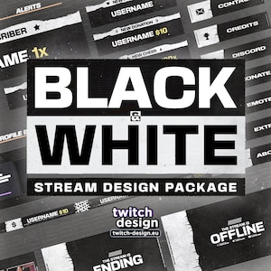 Könnte beinhalten: Schwarz-weißes Twitch-Stream-Designpaket mit dem Text "BLACK & WHITE STREAM DESIGN PACKAGE" und "twitch design" in einem weißen Kasten mit schwarzem Rand.