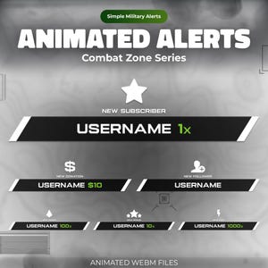 Twitch-waarschuwingen voor gevechtszones: geanimeerde eenvoudige donkere stream-overlay (volger, sub, donatie, gejuich, herinschrijving, inval)