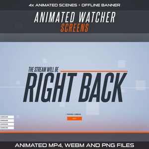 Animated Watcher Twitch Screens | Gray Starting, Be Right Back, Intermission, Ending Scenes and Offline Banner for Overwatch Streamers