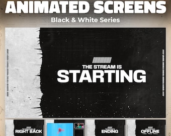 Animated Black & White Twitch Screens: Modern Dark Stream Overlay for OBS – Starting, BRB, Intermission, Ending, Offline