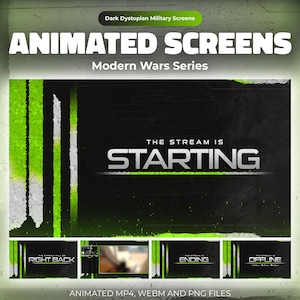 Schermate animate di Modern Wars su Twitch: overlay di streaming in bianco e nero per OBS – Inizio, BRB, Intermezzo, Fine, Offline