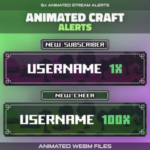 Animated Craft Twitch Stream Alerts | 6x Alerts for Streamers | Mine Retro Pixel | Subscriber, Donation, Follower, Cheer, Raid Overlay Pack