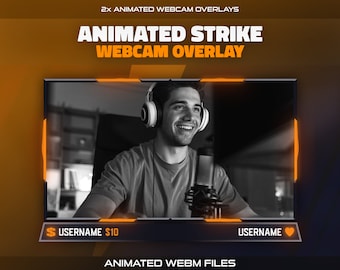 Animiertes Strike Twitch Webcam Overlay | 2x Webcam Rahmen für Streamer | Stream Bordüre | Twitch Kamera | Dunkles, modernes, schwarzes, gelbes, sauberes Paket